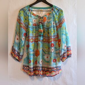 Fig and Flower Multicolor Boho Blouse Drapes Flowy Floral Plus 1X Sheer Lacy